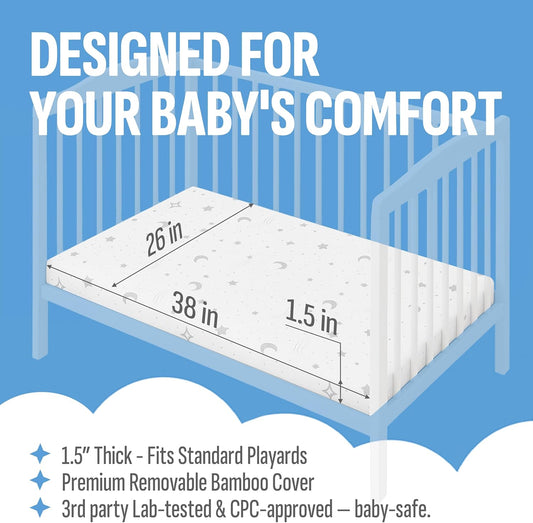 Pack N Play Mattresses (38"X26"X1.5") Bamboo Cover,Breathable,%100 Waterproof,Non-Toxic,Washable I Dual-Sided Gel Memory Foam I Toddler&Baby Pack and Play Mattress Pad Fits Playard&Playpen