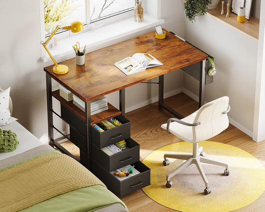 32" Small Computer Desk with Fabric Drawers, Kids Girls Teen Study Writing Desk for Bedroom, Home Office Desk with Storage Shelf & Bag for Small Space, Vintage