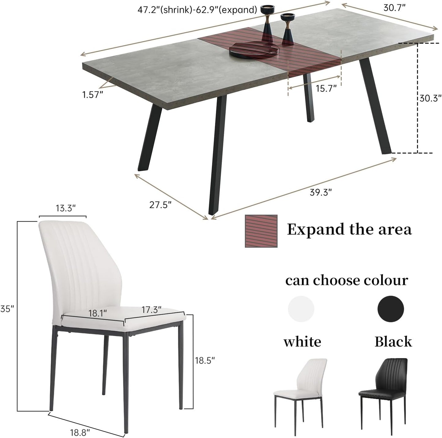 47.2"- 62.9" Extendable Dining Table Set for 6, Modern Kitchen Table with 6 PU Leather Chairs, Thickened Expandable MDF Wooden Table with Metal Legs for Dining Room, Kitchen, Office