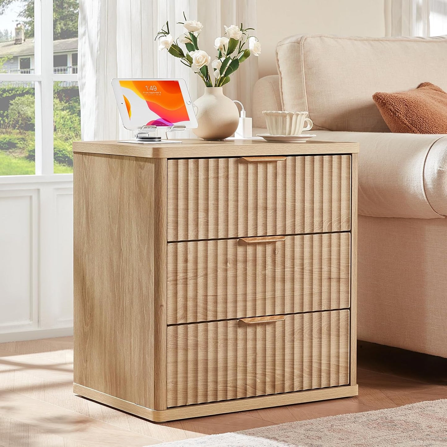 23" Wide Fluted Farmhouse Night Stand Set of 2 with Charging Station, 3 Drawers Large End Table W/Metal Handle, Natural Nightstand Bedside Table,Wood Dresser for Bedroom, Closet
