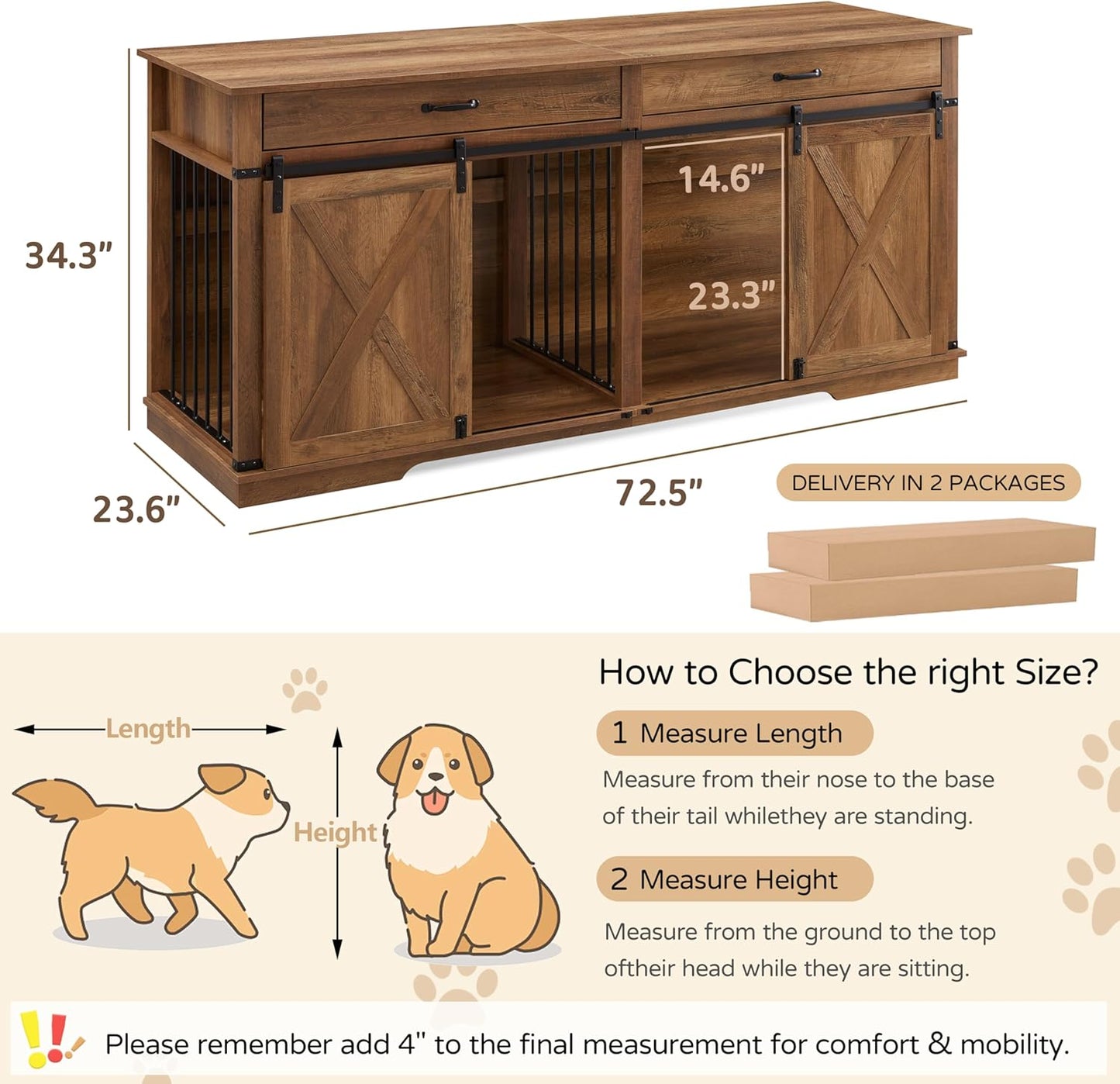 37.8" Furniture Style Dog Crates with Drawer, Farmhouse Wooden Dog Kennel Furniture with Sliding Barn Door & Water Resistant for Small/Medium/Large Dog, White