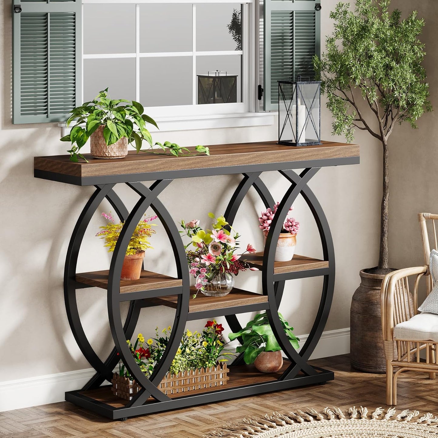 39.4" Console Table, Industrial 4-Tier Sofa Table Entryway Table with Storage Shelves, Narrow Wood Accent Tables with Metal Frame for Small Spaces, Hallway, Foyer, Rustic Brown