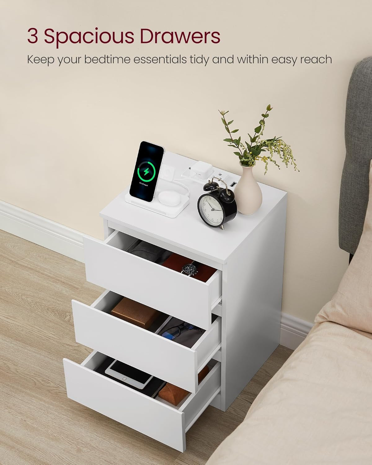 Nightstand with Charging Station, 2 AC Outlets and 2 USB Ports, Bedside Table, Side Table with 3 Drawers, Modern Style, 13.8 X 15.7 X 23.2 Inches, Cloud White ULET631W16