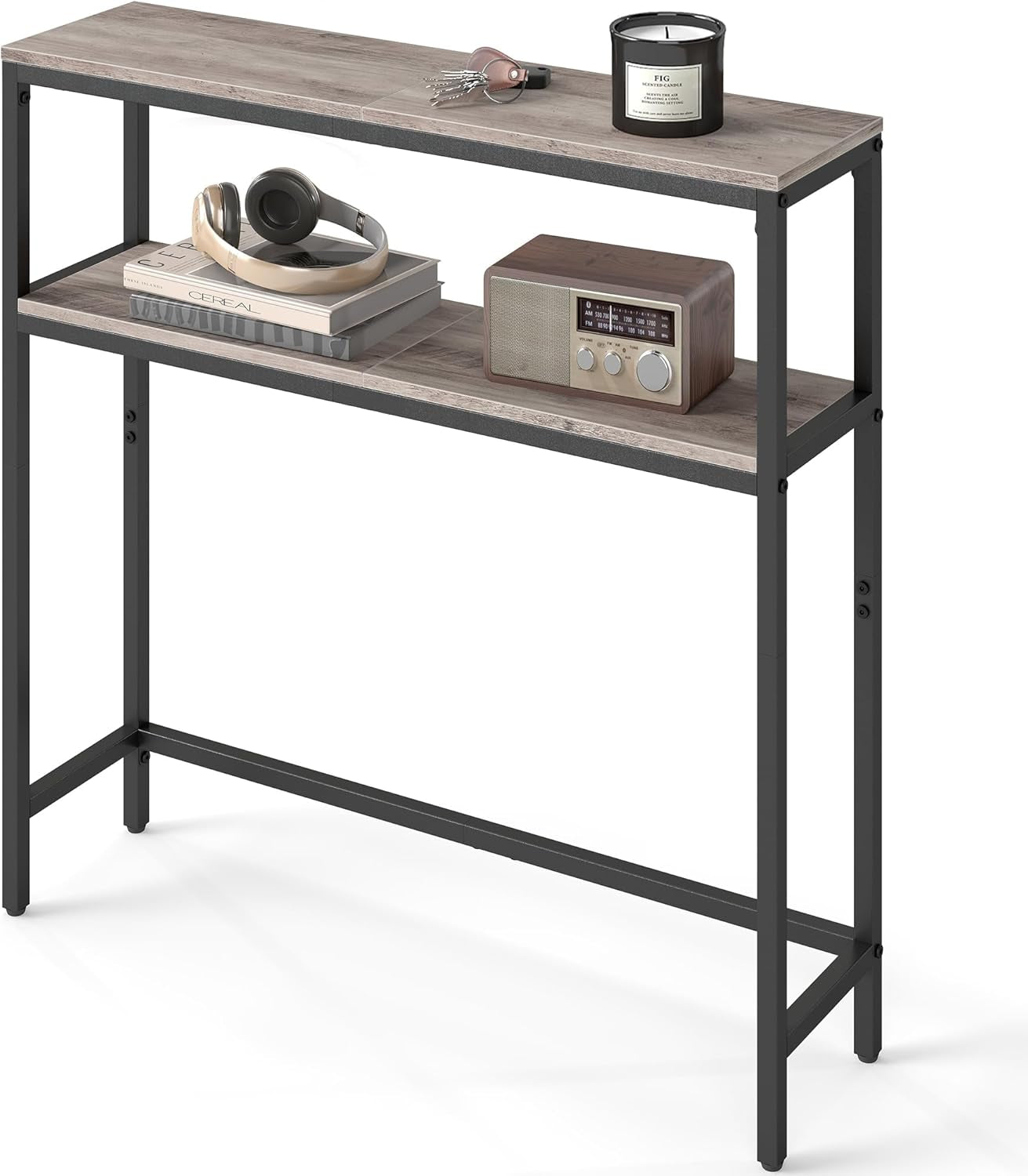 Console Table, 2-Tier Narrow Sofa Table with 2 Shelves, 7.9 X 31.5 X 31.5 Inches, for Living Room, Hallway, Entryway, Heather Greige and Ink Black ULNT130K02V1