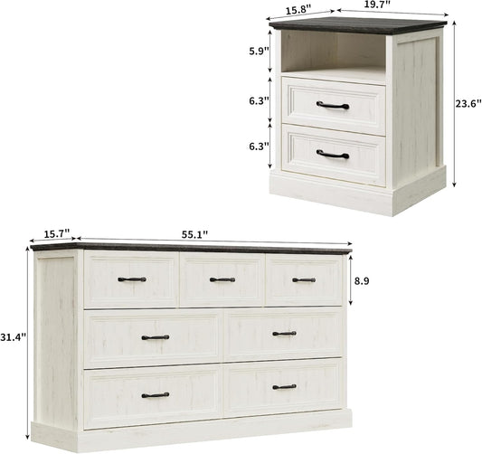 3 Pcs Farmhouse Dresser and Nightstand Sets for Bedroom, 7 Drawer Dresser & Nightstand Set of 2, Rustic Wooden Chest of Drawers Wide Storage Organizer for Bedroom, White