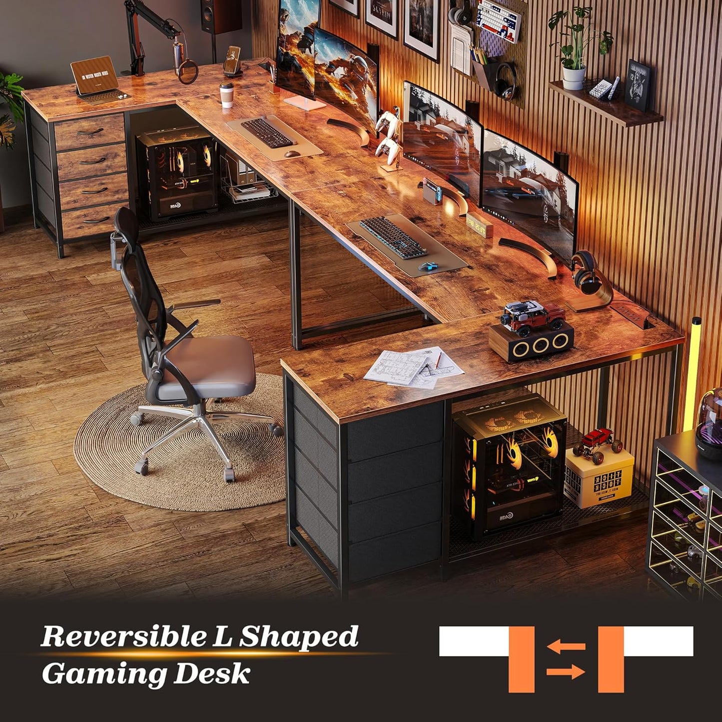 61" L Shaped Desk with Power Outlets and USB-C Port, Reversible Computer Corner Office Desk with 4 Fabric Drawers and 2 Height-Adjustable Shelves, Large for Gaming Writing Study, Rustic Brown