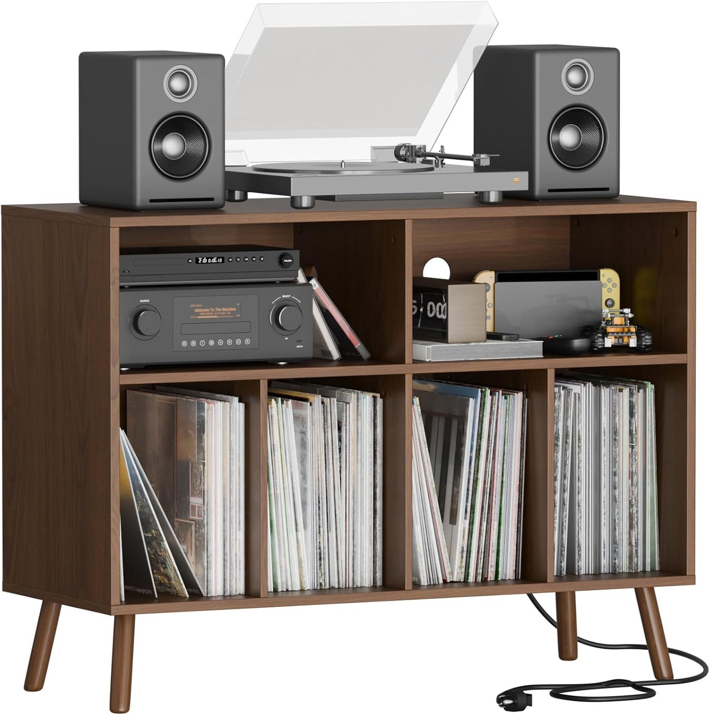 Record Player Stand with Vinyl Storage Cabinet, Wood Turntable Table Open Shelf Holder up to 350 Albums Cube Storage Organizer for Living Room, Office, Brown