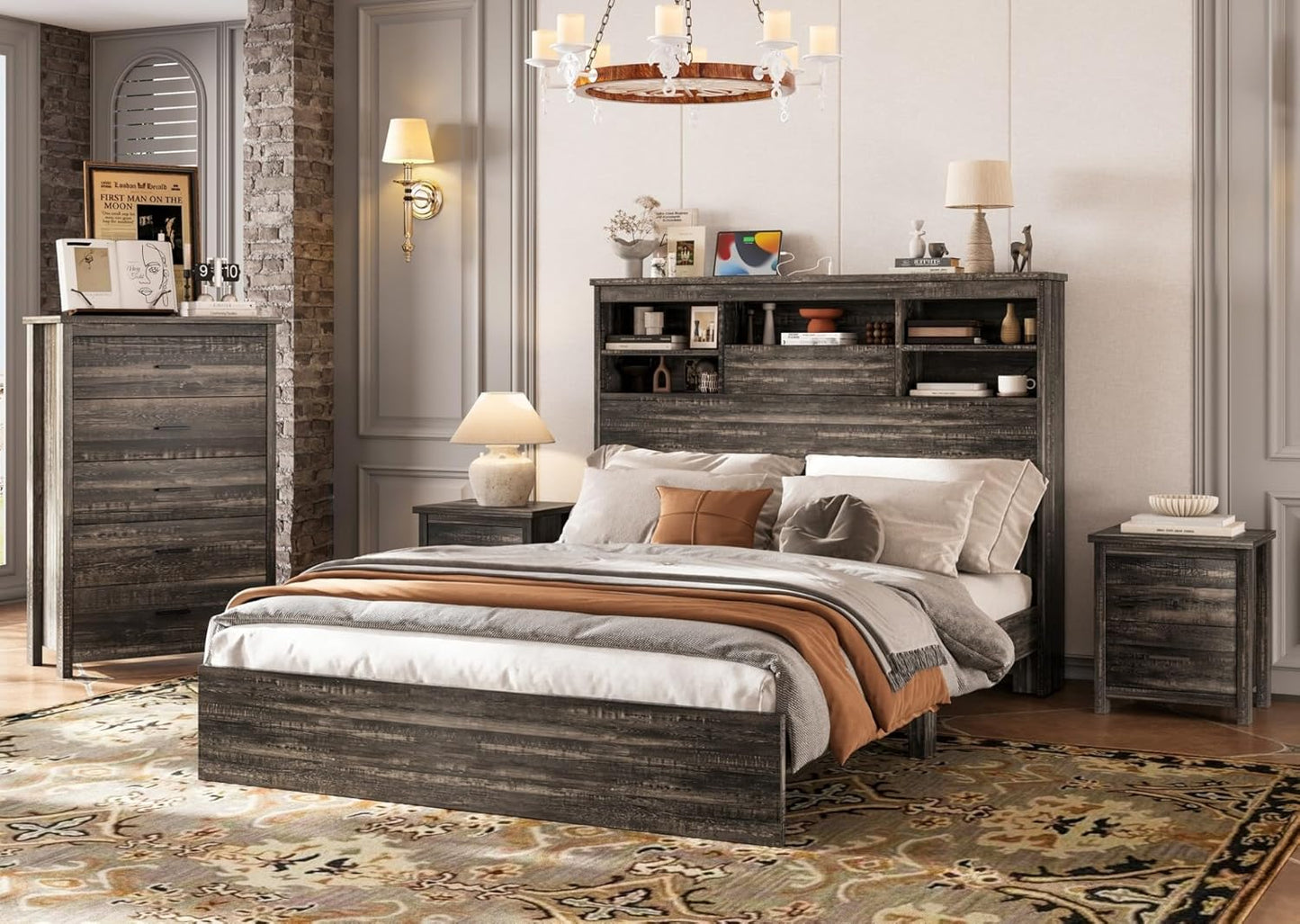 4-Pcs Queen Size Bed Frame Dresser Night Stand Bedroom Set, Platform with USB Charging Ports Storage Headboard & 1 X 5 Drawers Cabinet & 2 X Nightstands, Wooden, Antique Grey