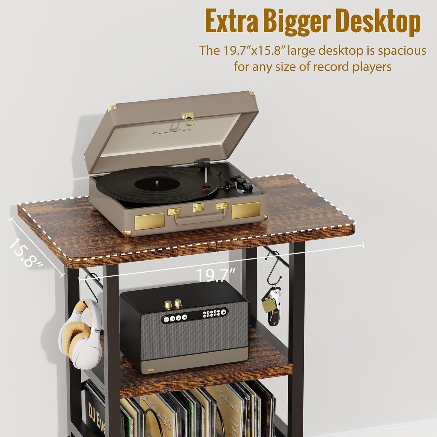 Record Player Stand with Extended Desktop,Large Record Player Table with Vinyl Storage,Turntable Stand with Record Holder Vinyls Display Shelf for Music Room Studio,Retro