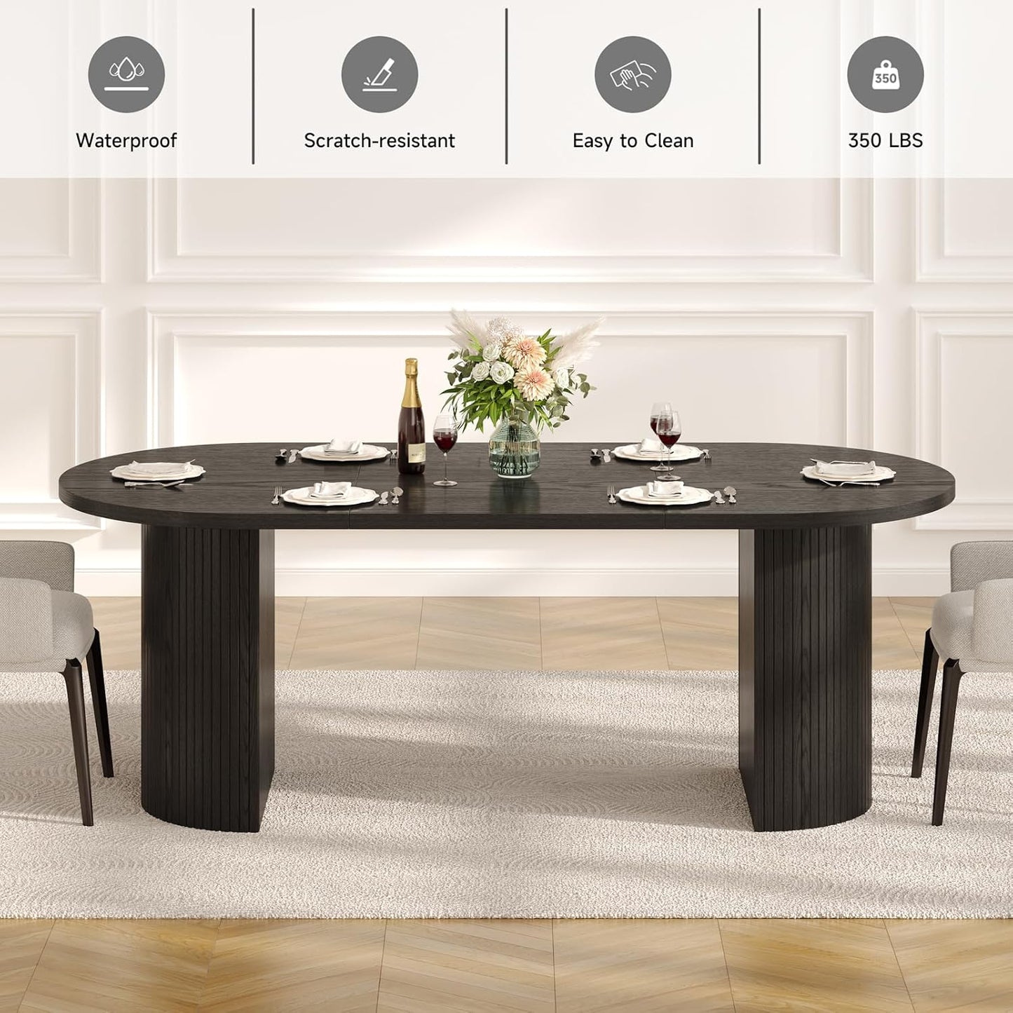 70.8 Inch Dining Table for 4-8, Oval Dining Room Table with Curved Fluted Wood Strip Base, Mid-Century Modern Kitchen Tables with Footpads, Dinner Tables for Living Room, Dining Room, Black