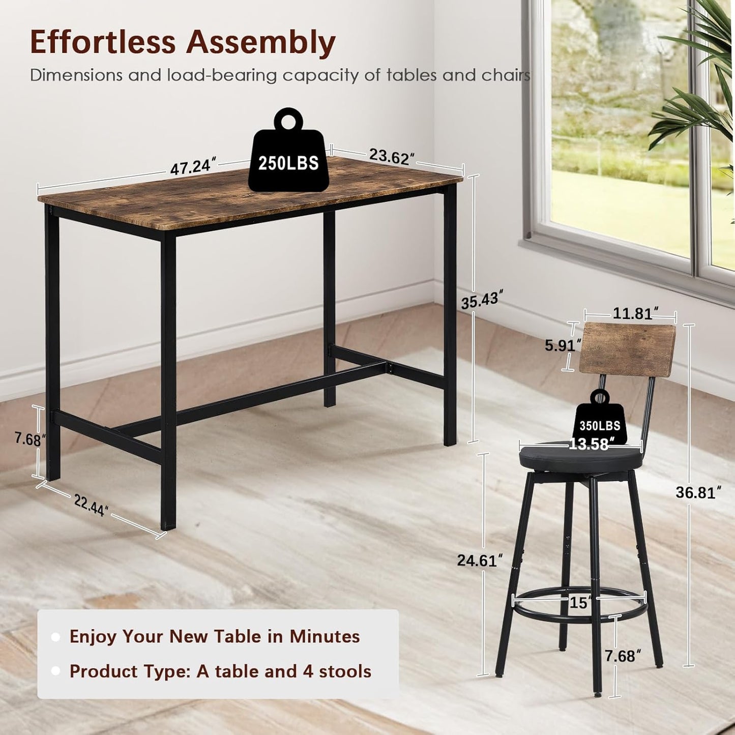 Bar Table and Chairs Set of 4, 5 Piece Counter Height High Breakfast Table Chairs Set of 4 for Dining Room, Brown