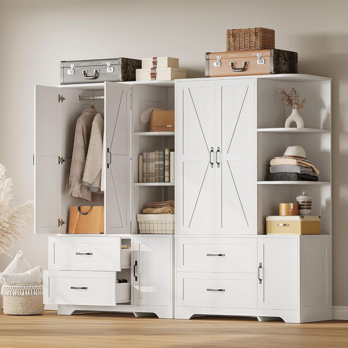 Armoire Wardrobe Closet 70" H, Bedroom Wooden Wardrobe with 3 Doors 2 Drawers, Modern Clothing Storage Cabinet Combination with Storage Shelves and Hanging Rail, White