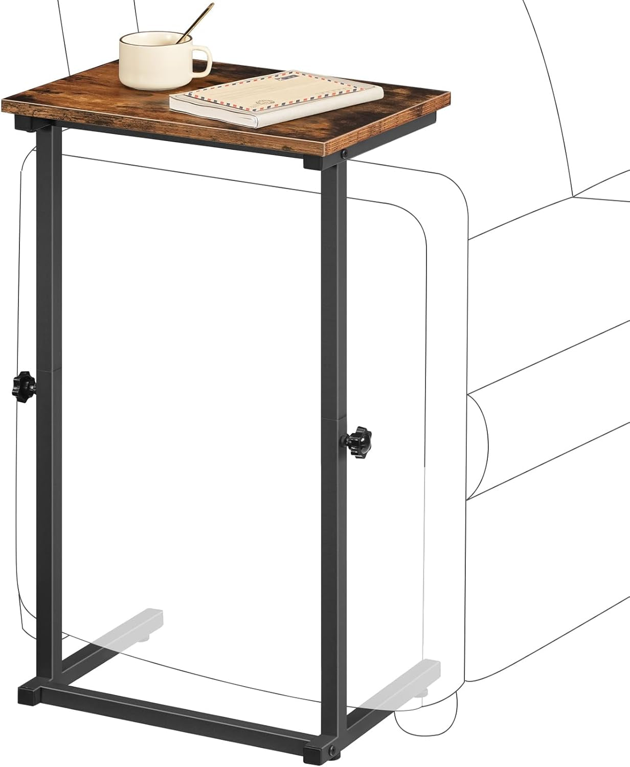 C Shaped End Table, Adjustable Height Side Table for Sofa, Couch Table for Small Space, Slide under Small Tray Side Table for Living Room, Bedroom, Greige and Black BG71SF01