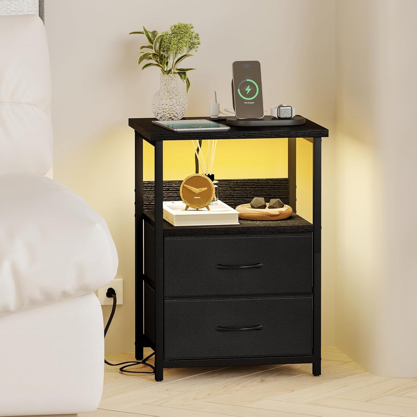 Night Stand with Charging Station, LED Nightstand with U-S-B Ports and Outlets, 2 Fabric Storage Drawers with PU Finish, Small Bedside Table, Black