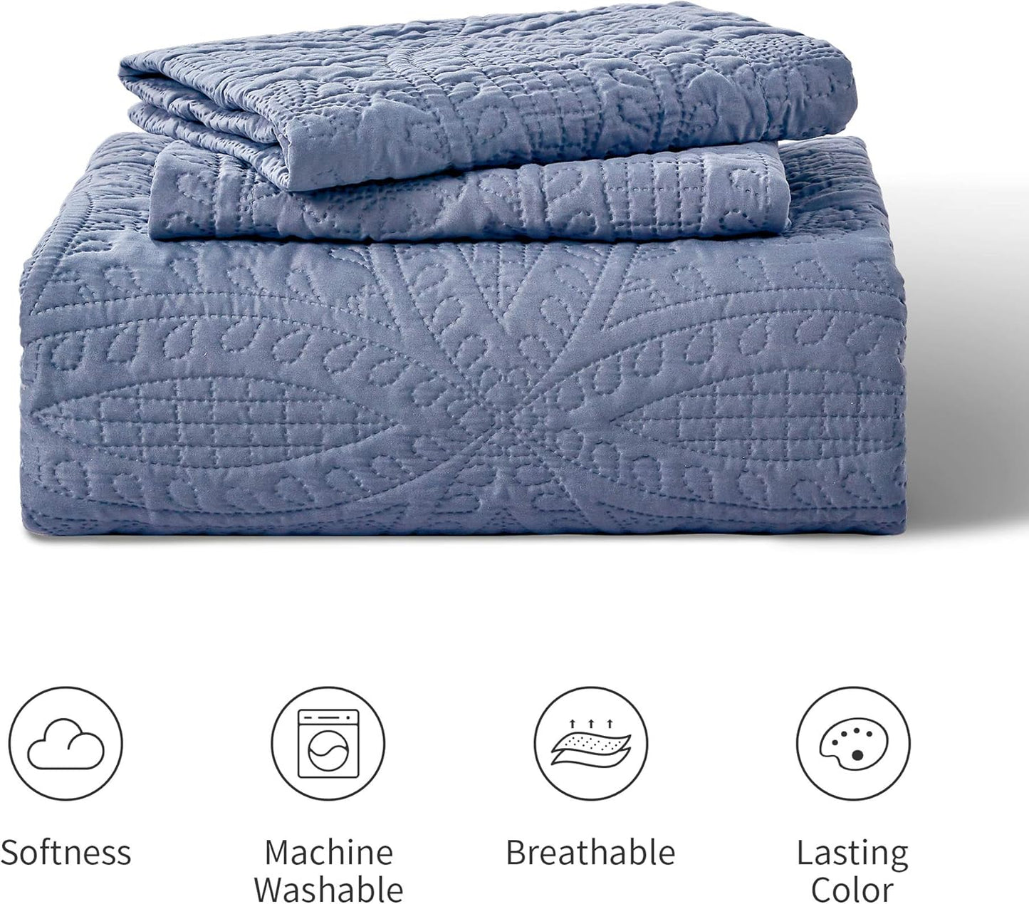 King Size Quilt Set Blue Bedspreads - Soft Bed Summer Lightweight Bedspread Comforter - Modern Style Coin Pattern Coverlet for All Season - 3 Pieces (1 Quilt, 2 Pillow Shams)