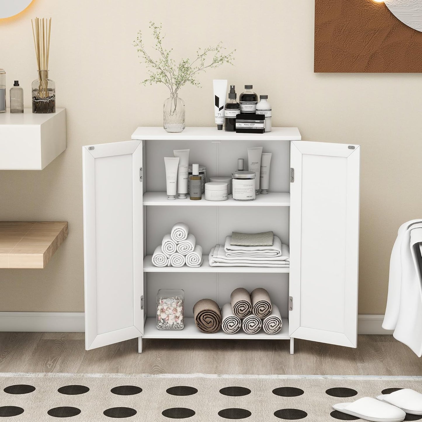 Bathroom Storage Floor Cabinet Freestanding Organizer with Adjustable Shelves for Bathroom Bedroom Laundry Room,4 Doors