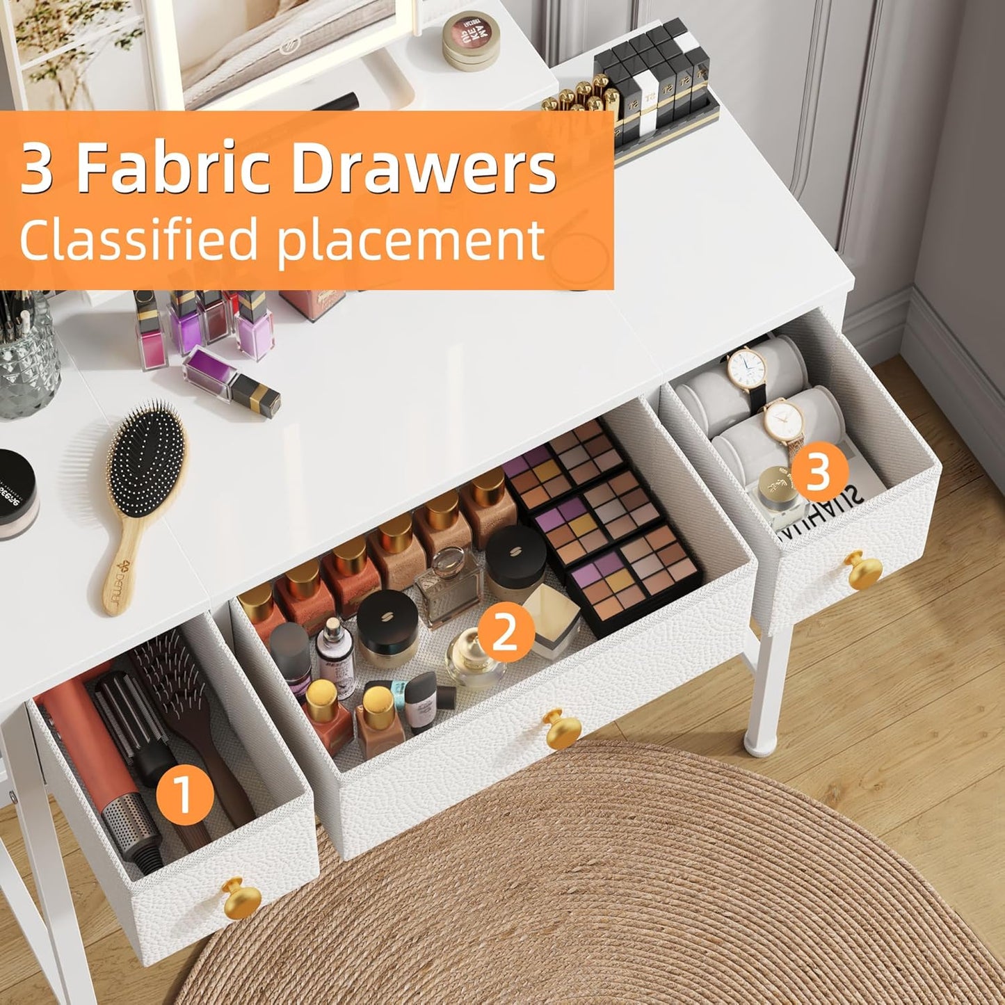 Small Makeup Vanity Desk with 3 Fabric Drawers, Vanity Table 11.8" D X 27.5" W with Mirror and Lights and Height-Adjustable Stand, Vanity for Girls Gifts, Bedroom and Small Spaces, White