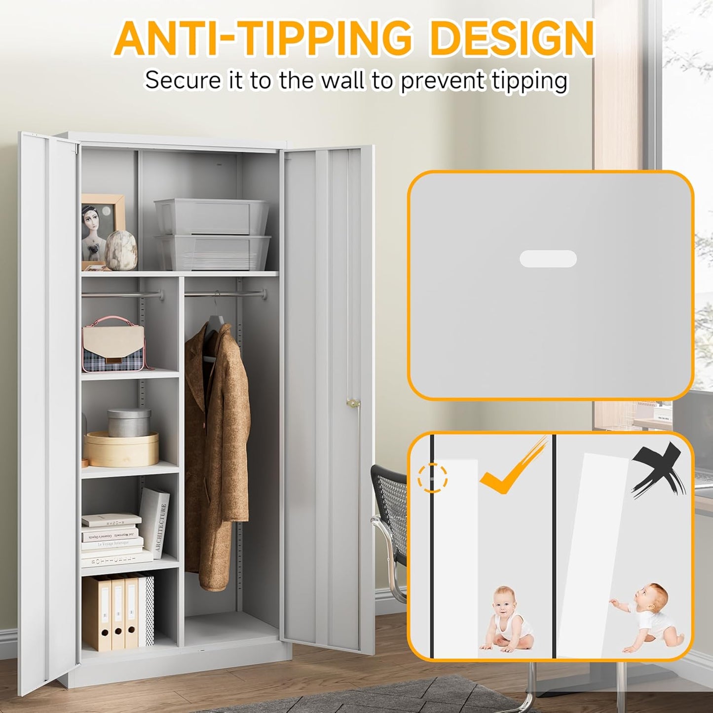 71" H Metal Armoire Wardrobe Cabinet with Doors and Shelves,5-Tire Wardrobe Closet with Rod,Adjustable Steel Locking Cabinet for Home Office,Bedroom,Garage,Laundry (White)