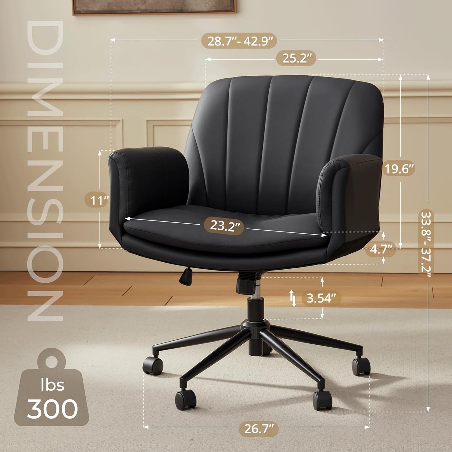 Criss Cross Chair with Five-Level Adjustable Arms and Wheels - Comfortable Ergonomic PU Leather Swivel Vanity Chair - Computer Makeup Gaming Chair for Home Office, Bedroom, Living Room (Black)