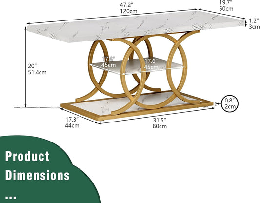 Rustic Coffee Table with Storage Modern 3 Tier Center Living Room Table Faux Marble Wooden Rectangle Cocktail Tea Table for Office Bedroom Elegant Full Moon Design (White Gold, L-47)