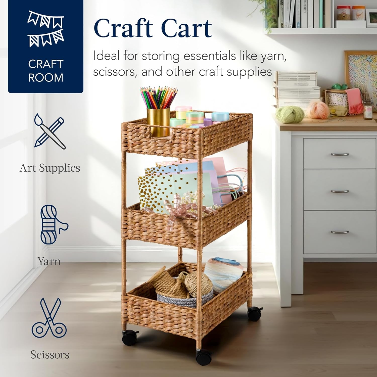 3-Tier Water Hyacinth Rolling Nursery Caddy W/Wheels, Utility Cart, Storage Organization for Bathroom, Craft Room, Laundry Room– Chestnut
