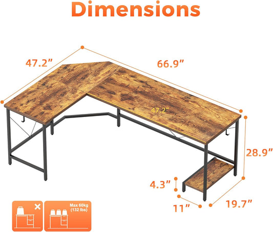 L Shaped Desk 66 Inch for Home Office, Corner Computer Desk Gaming Desk Wood L Desk with CPU Stand, Study Writing Table(Cpu Stand, Rustic Brown, 66 Inch)
