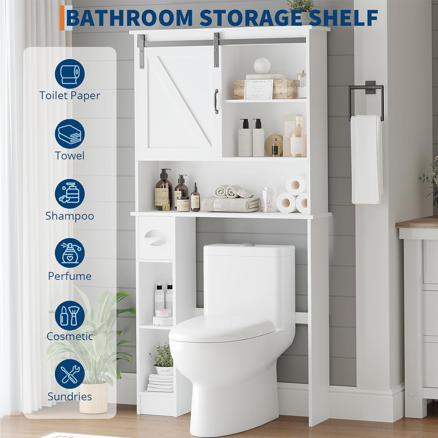 Over-The-Toilet Storage Cabinet, Bathroom Organizer with Double Doors, Adjustable Shelves, Space-Saving Toilet Shelf for Small Bathrooms, White, Freestanding Design