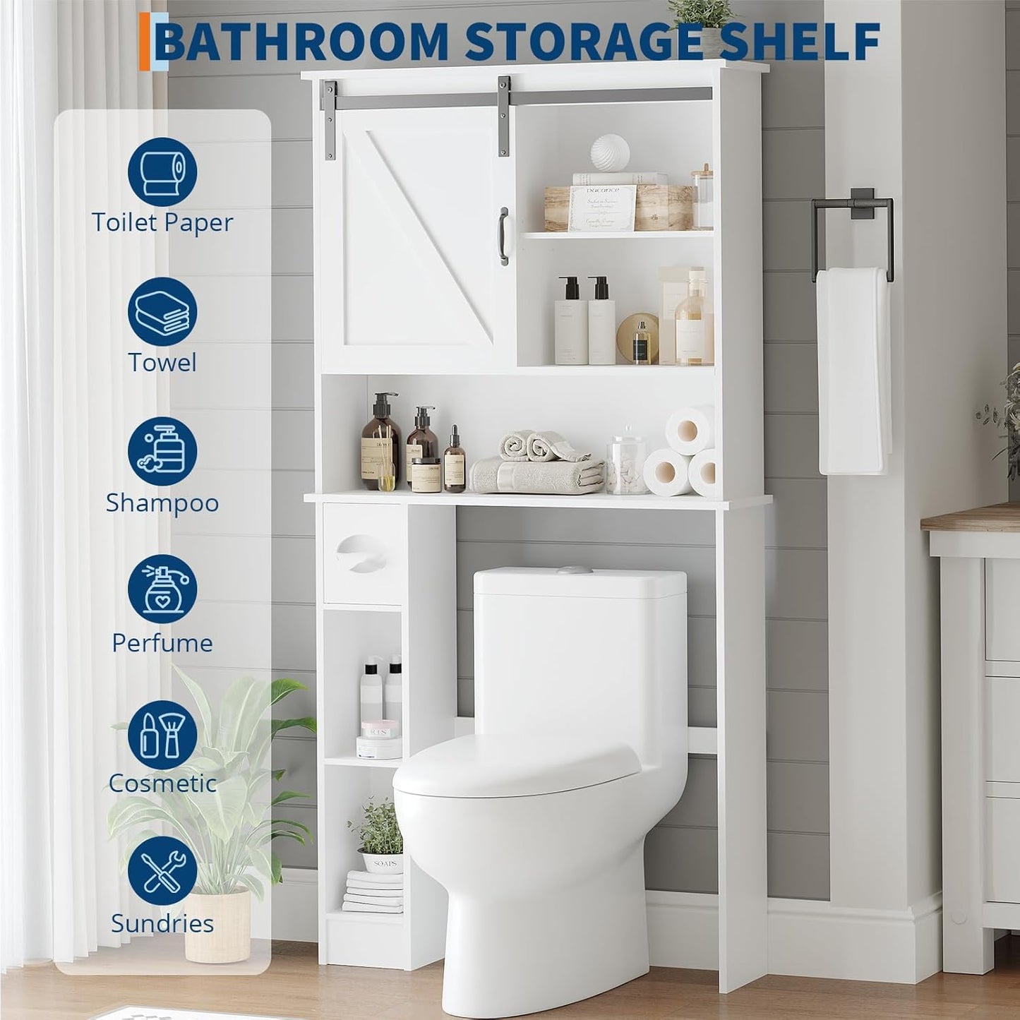 Over-The-Toilet Storage Cabinet, Bathroom Organizer with Double Doors, Adjustable Shelves, Space-Saving Toilet Shelf for Small Bathrooms, White, Freestanding Design