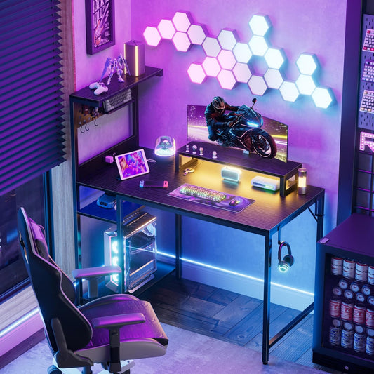 40 Inch Small Gaming Desk with Pegboard Shelves Computer Desks with Led Lights Power Outlets PC Monitor Stand Reversible Storage Shelf Table for Bedroom Small Space, Black