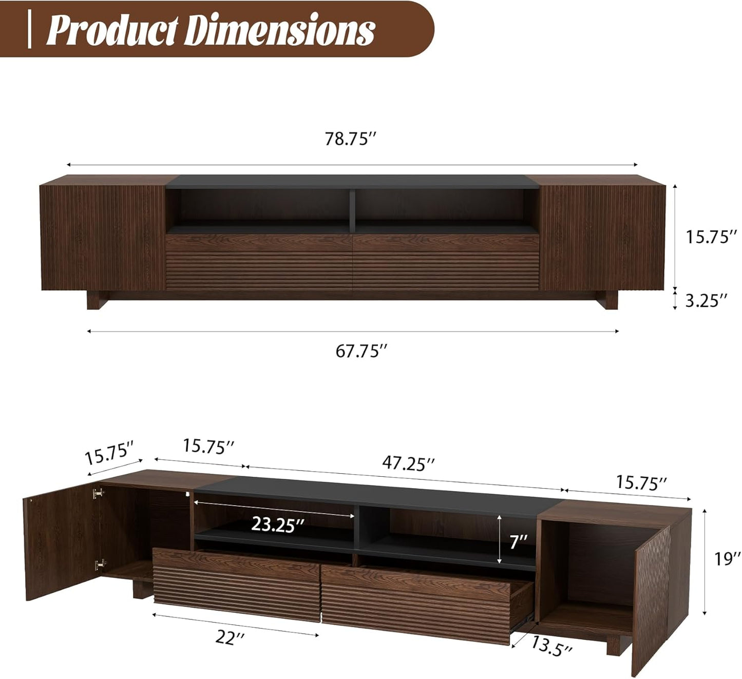 78.8 Inch TV Stand with Storage Cabinets for Living Room, Tvs Media Console Entertainment Center with Drawers, Wood Fluted Television Stands with Open Shelves for Bedroom, Dark Brown Walnut