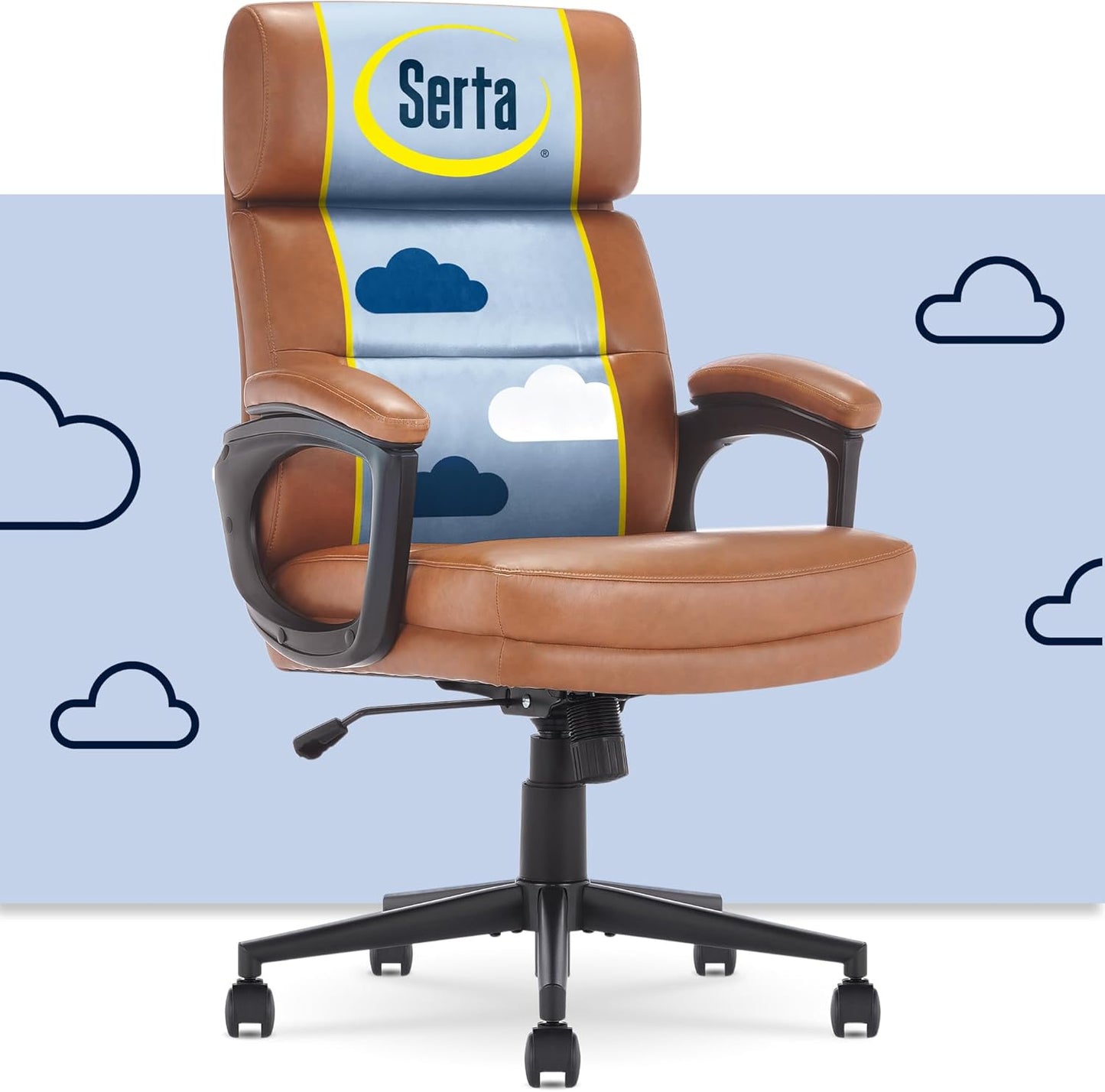 Comfort Executive Mid-Back Officechair, Semi Plush Cushion Seat, Padded Armrests, quality Foam, Metal Swivel Base, Ergonomic Computer Deskchair for Home or Office, Bonded Leather, Cognac