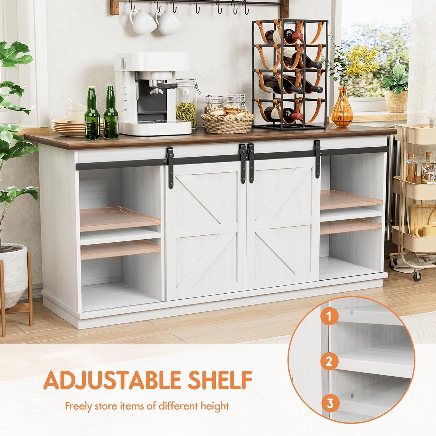 Farmhouse Sideboard Buffet Cabinet, Coffee Bar Storage with Sliding Barn Doors, Shelf for Home Dining Room, White