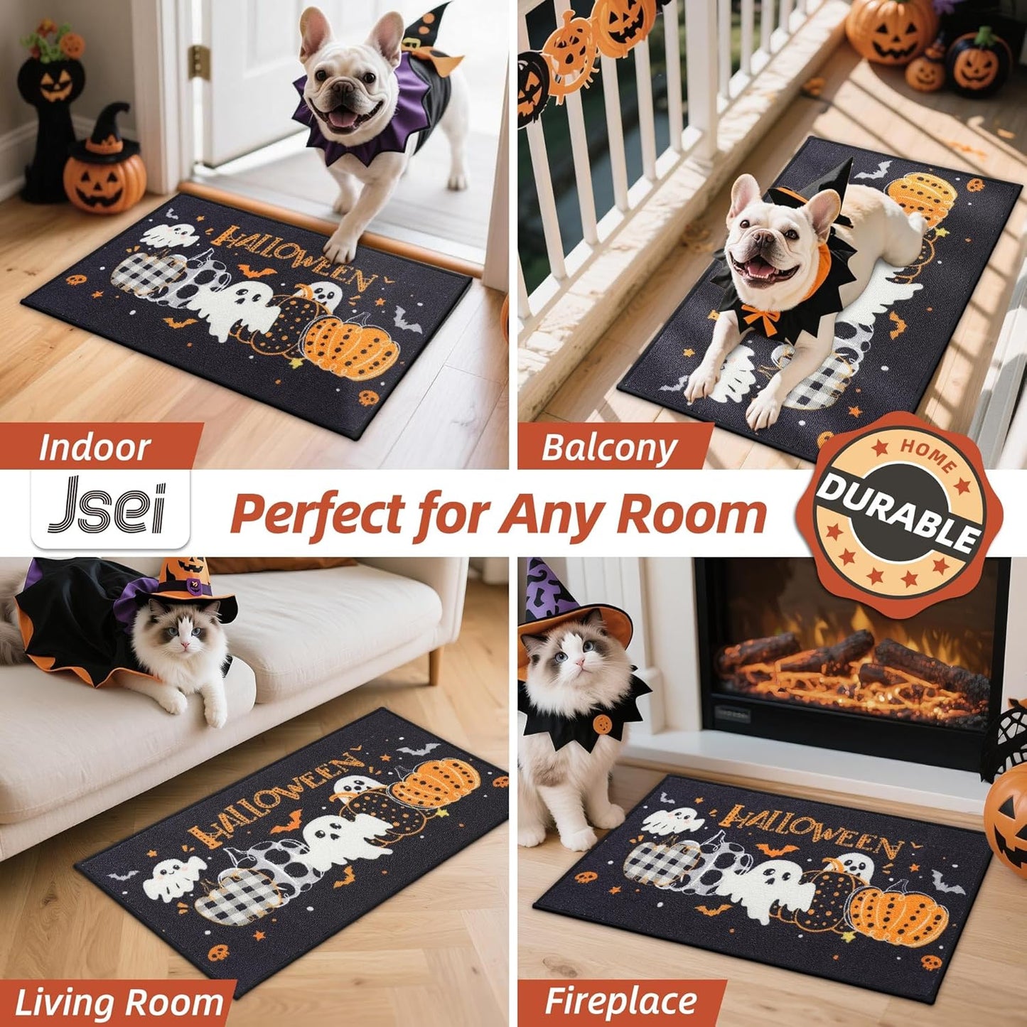 Halloween Holiday Doormat, 17''X30'' Non-Slip Ghost and Pumpkins Decorative Welcome Mats for Floor, Low-Profile Entryway Rugs Washable, Pumpkins Party Pattern