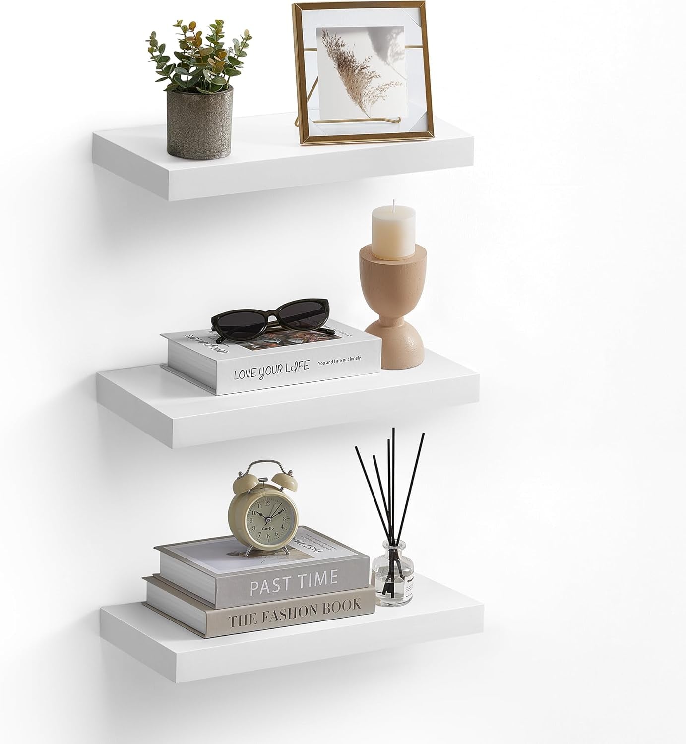 Wall Shelves Set of 3, Floating Shelves, 8 X 15.7 X 1.5 Inches, Display Shelves for Picture Frames, Decor, Hanging Shelf for Living Room, Kitchen, White ULWS055W01