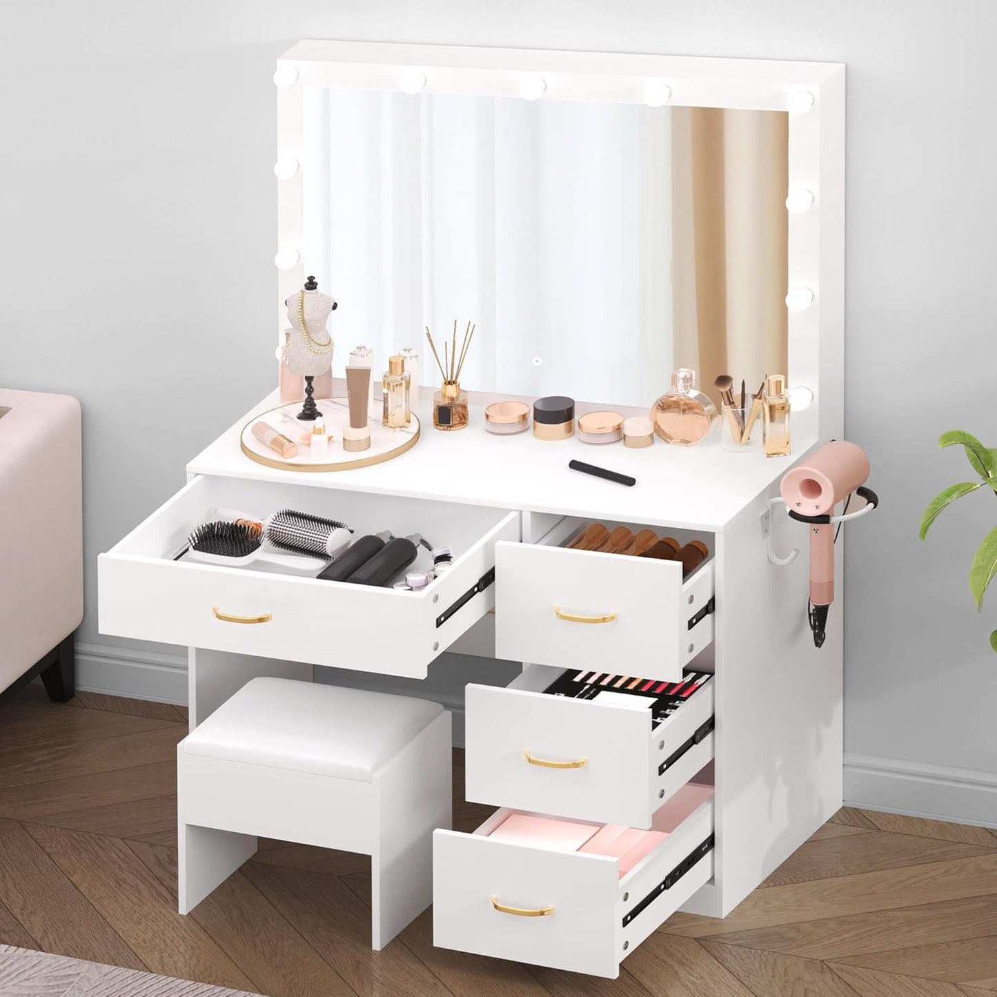 LED Makeup Vanity Table with 3 Light Modes, 4 Storage Drawers, Built-In Power Outlets & Hairdryer Holder, Dressing Table with Cushioned Stool