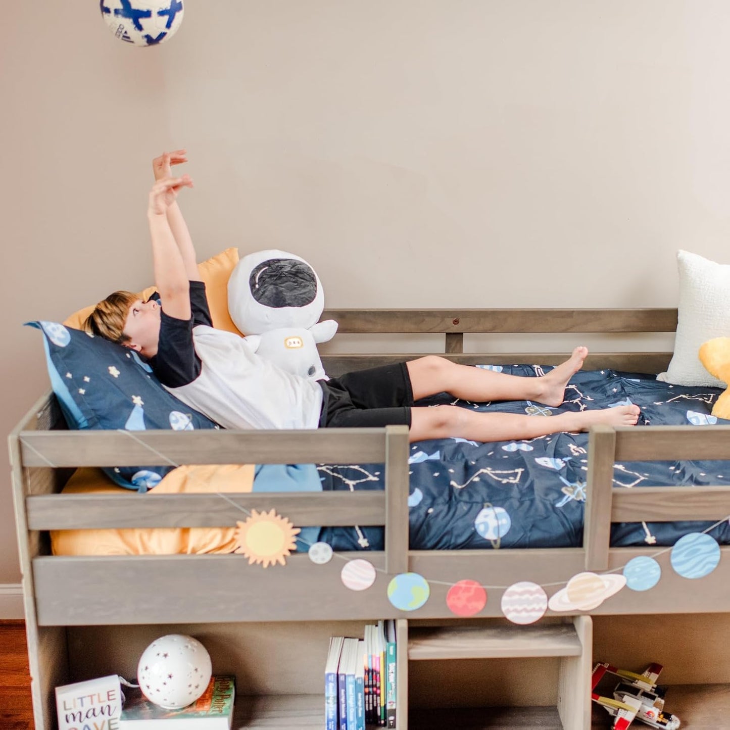 Modern Farmhouse Low Loft Bed, Twin Bed Frame for Kids with 2 Bookcases, Driftwood