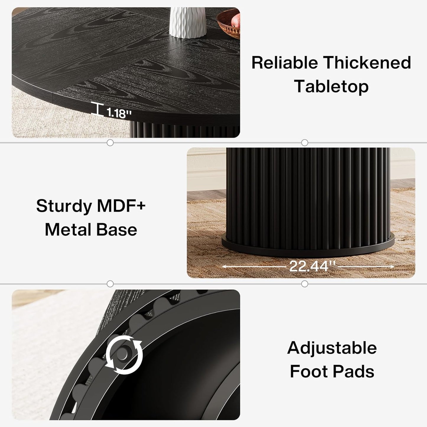 Black round Dining Table for 4-6 People, 47.24-Inch Circle Kitchen Table with Sturdy Fluted MDF + Metal Base, Modern Home Dining Room Furniture, Black