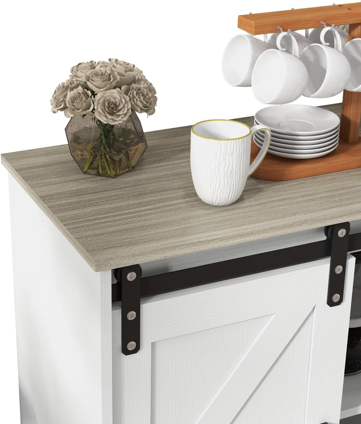 White farmhouse sliding barn door buffet sideboard with natural top, view 10