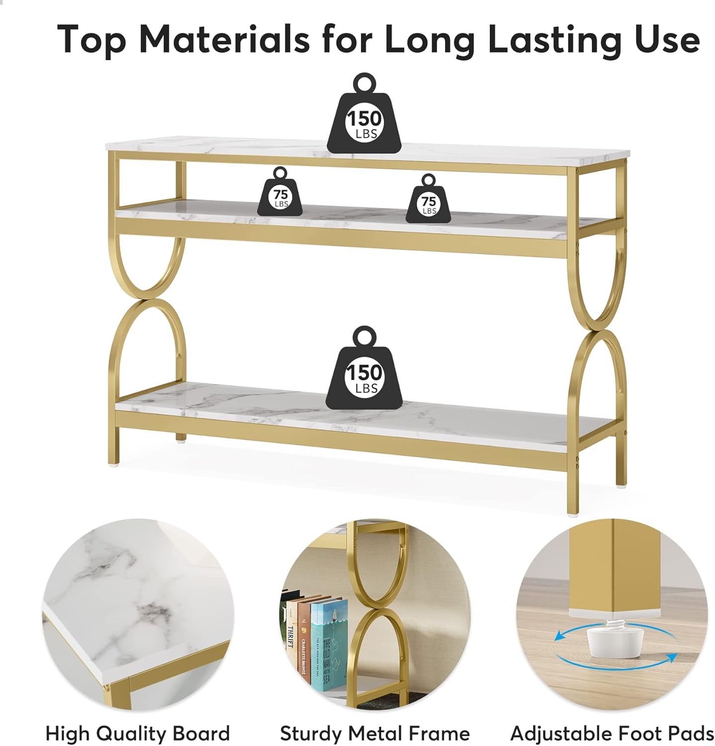 3-Tier Console Table, 55 Inch Sofa Table with Open Storage Shelves, Narrow Long Hallway/Entryway Table with Faux Marble Top for Home Living Room Entryway, White & Gold