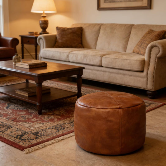 Unstuffed Faux Leather Pouf Cover, Handmade Footstool Ottoman Storage Solution, Floor Footrest Cushion, 16.5”Dx12”H, Amaretto