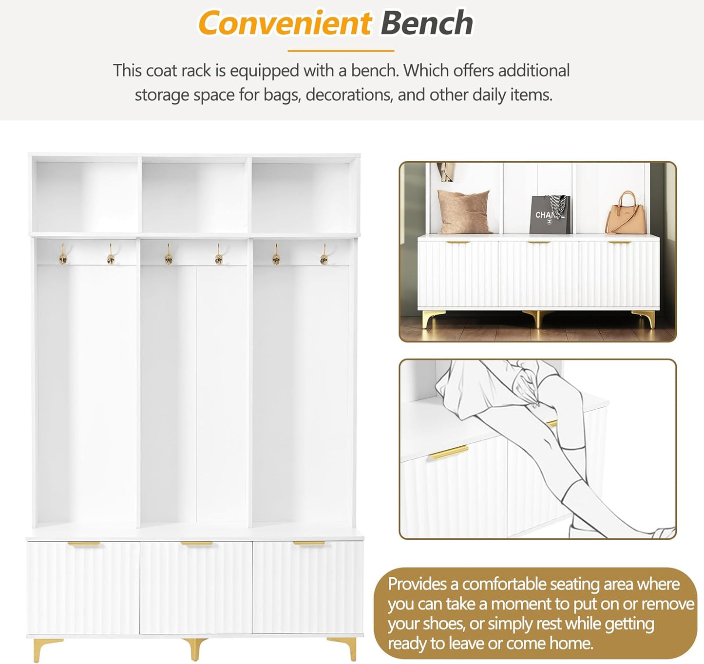 49.6" Hall Tree with Bench and Shoe Storage,Modern Entryway Cabinet with High Gloss Fluted Doors & Open Shelves,5-In-1 Coat Rack W/ 6 Gold Hooks and Legs for Hallway,White