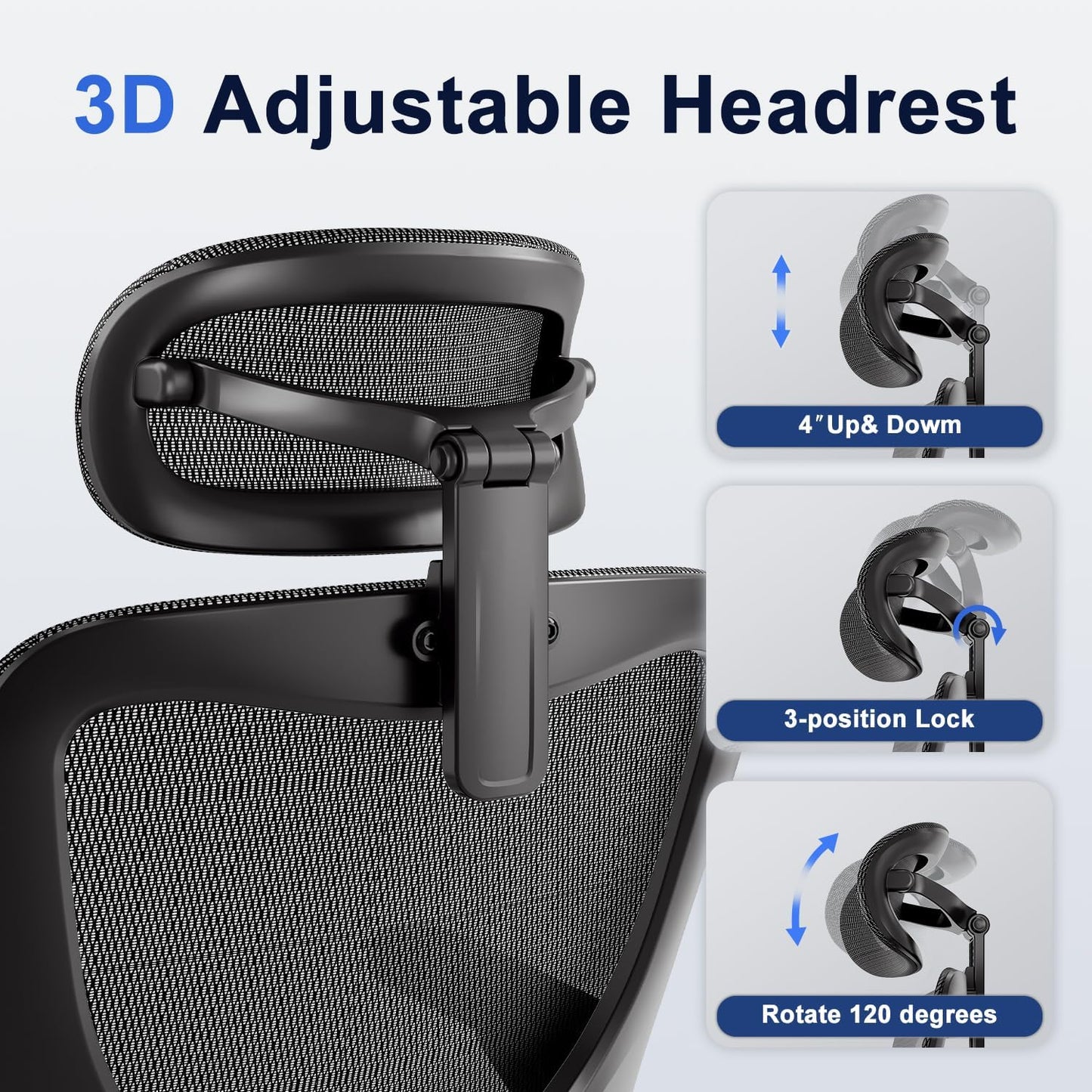 Ergonomic Office Chair,Mesh Seat Cushion with 3D Armrests and 3D Headrest, Adjustable Lumbar Support with Rocking Function, SGS Class 4 Gas Clylinder,Black