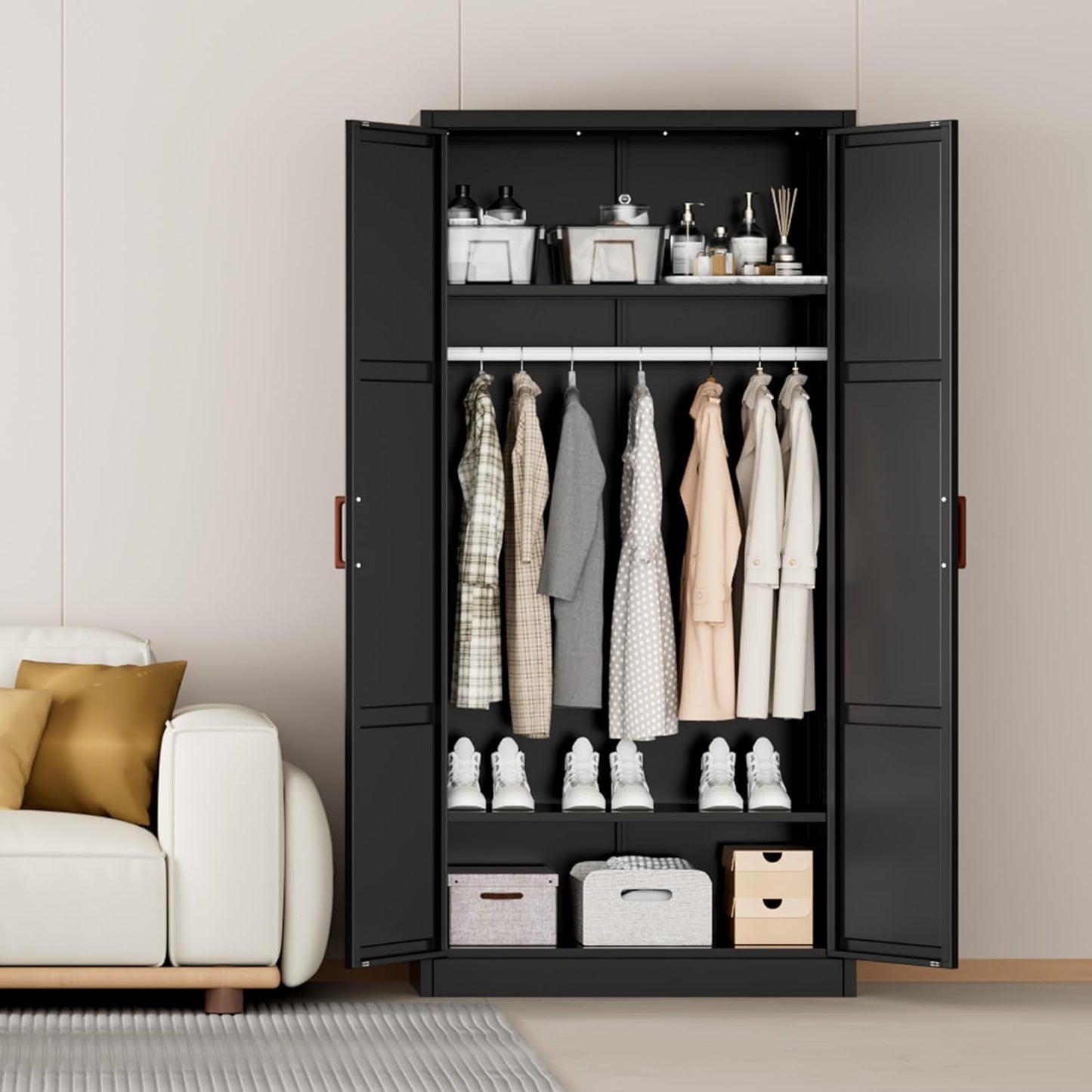 Metal Storage Cabinet with Hanging Rail, Black Armoire Wardrobe Closet with 2 Doors,71" H Storage Closet Cabinets with Adjustable Shelves and Removable Hanging Rods