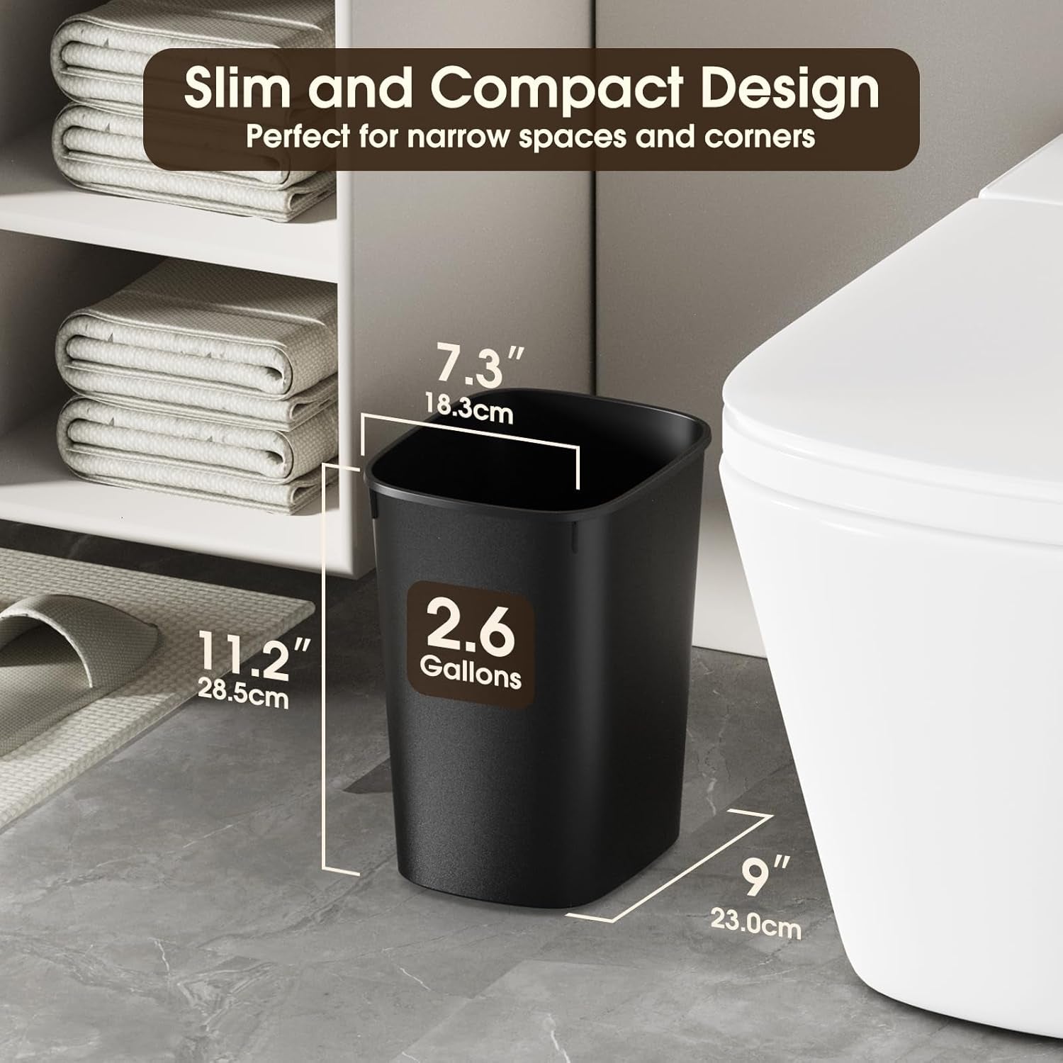 Small Bathroom Trash Can, 2.6 Gallon Slim Mini Garbage Can Small Trash Bin Plastic Waste Basket for Dorm Room, Bedroom, Office, Toilet (Black)