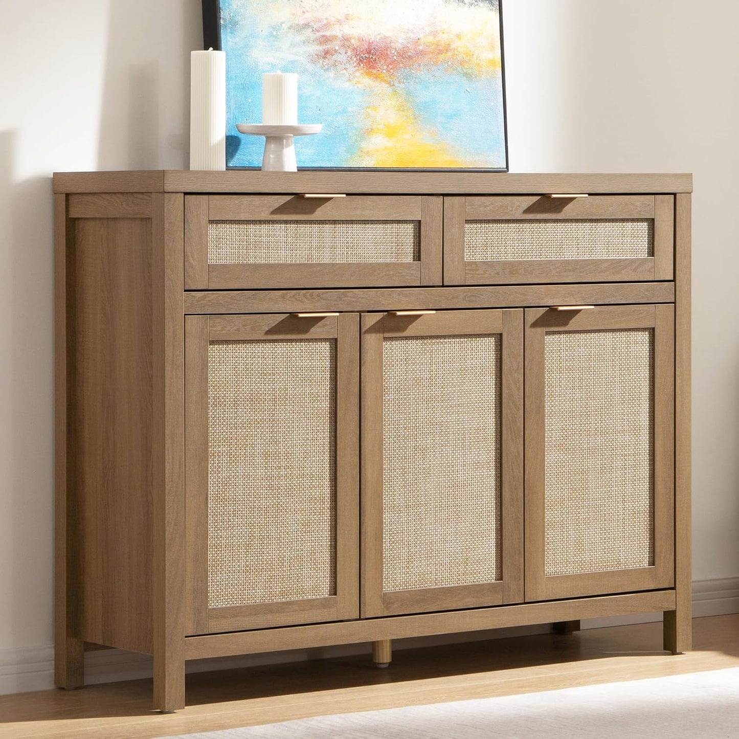 Rattan Sideboard Buffet Cabinet with Storage, Boho Credenza Accent Cabinet with 3 Doors and 2 Drawers, Farmhouse Console Coffee Bar for Kitchen, Living Room, and Entryway, Caramel Oak