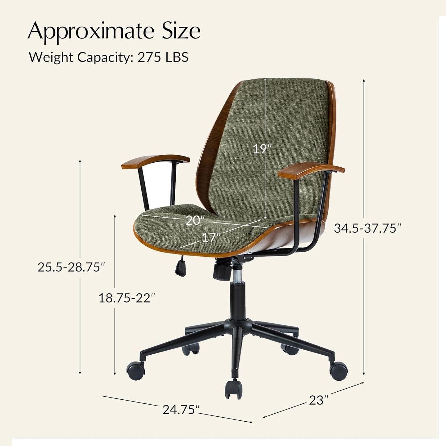 Solid Wood Office Chair with Rocking Function, Comfy Fabric Desk Chair with Bent Wood and Metal Base, Height Adjustable Swivel Computer Task Chair, Green
