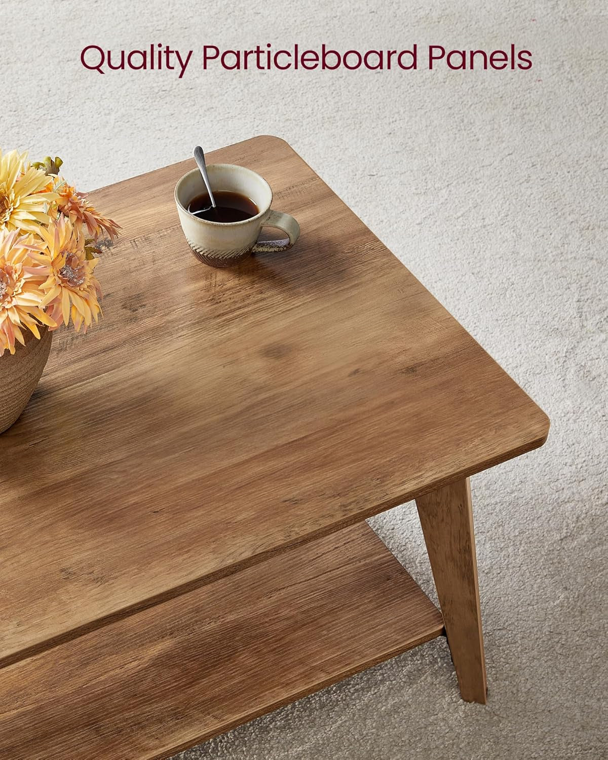 Honey brown 2 tier coffee table with storage and tapered legs, view 6
