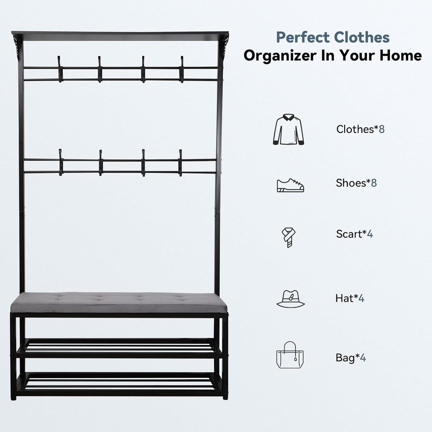 4-In-1 Entryway Hall Tree with Bench & Shoe Storage, 39.3" Multifunctional Coat Rack Organizer for Mudroom, Entryway Furniture with Adjustable Cushion, 400 Lb Weight Capacity.