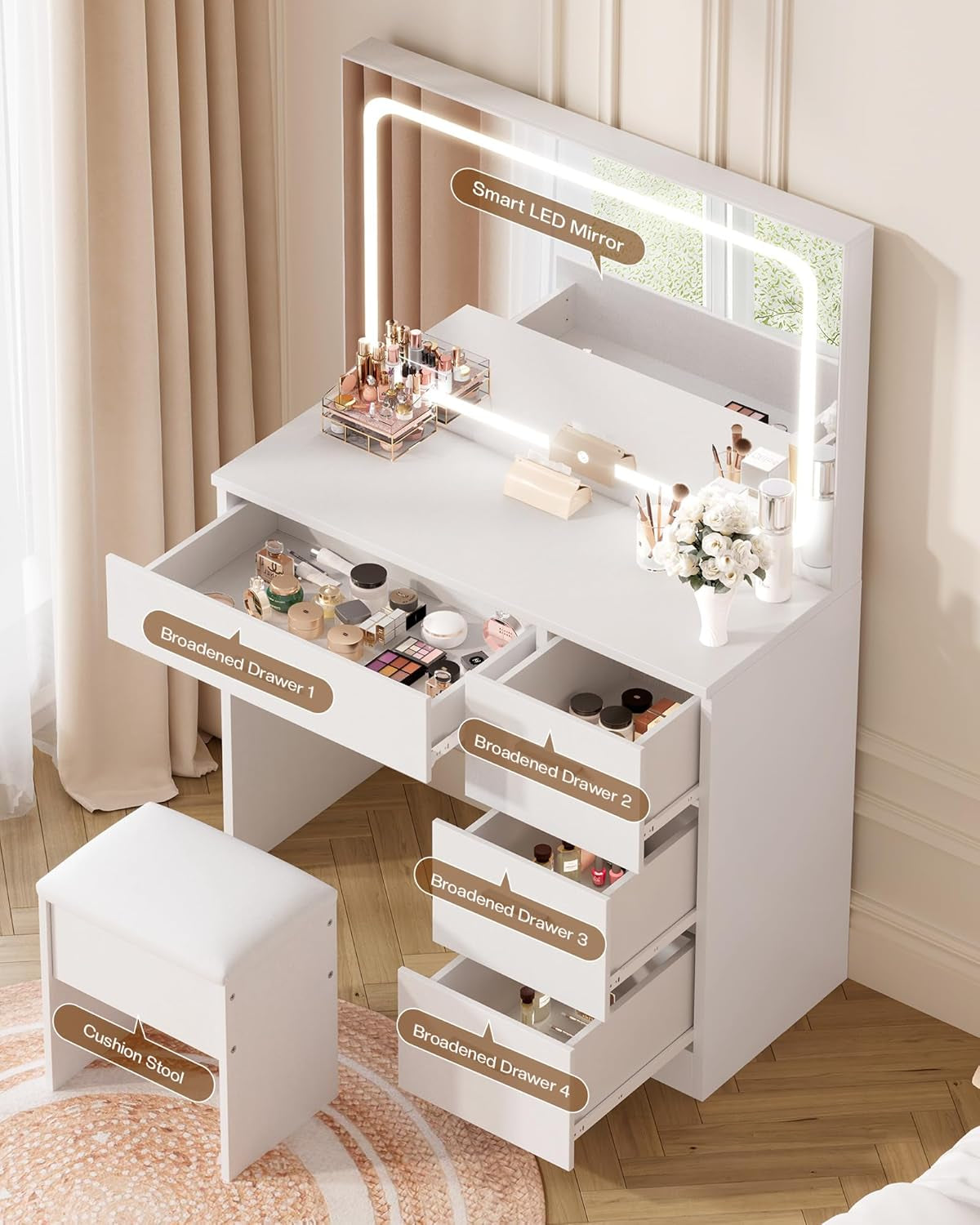 Vanity Desk with LED Mirror, Makeup Vanity with Drawer and Cushion Stool, Dressing Table for Bedrrom, White