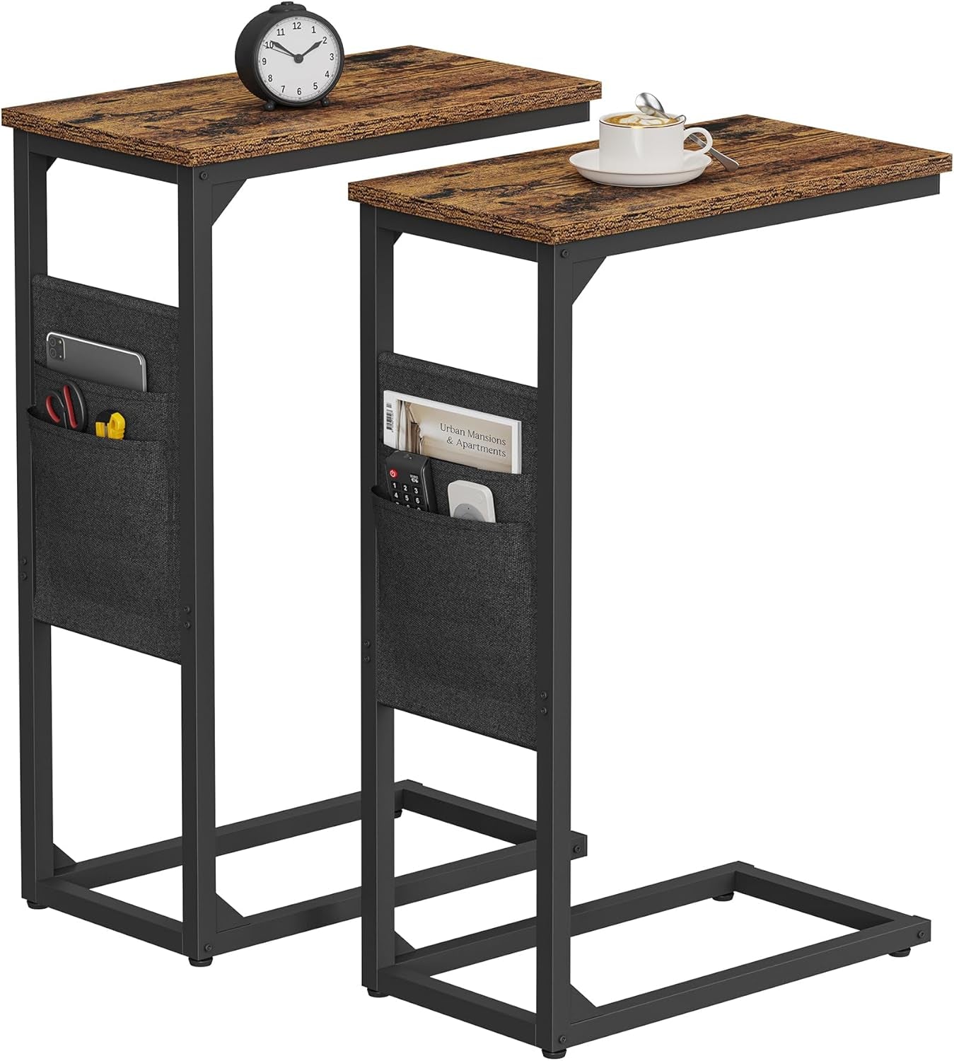 C Shaped End Table, Side Table for Couch, Sofa Table with Storage Bag, TV Tray for Living Room, Bedroom, Brown TB01BB0822